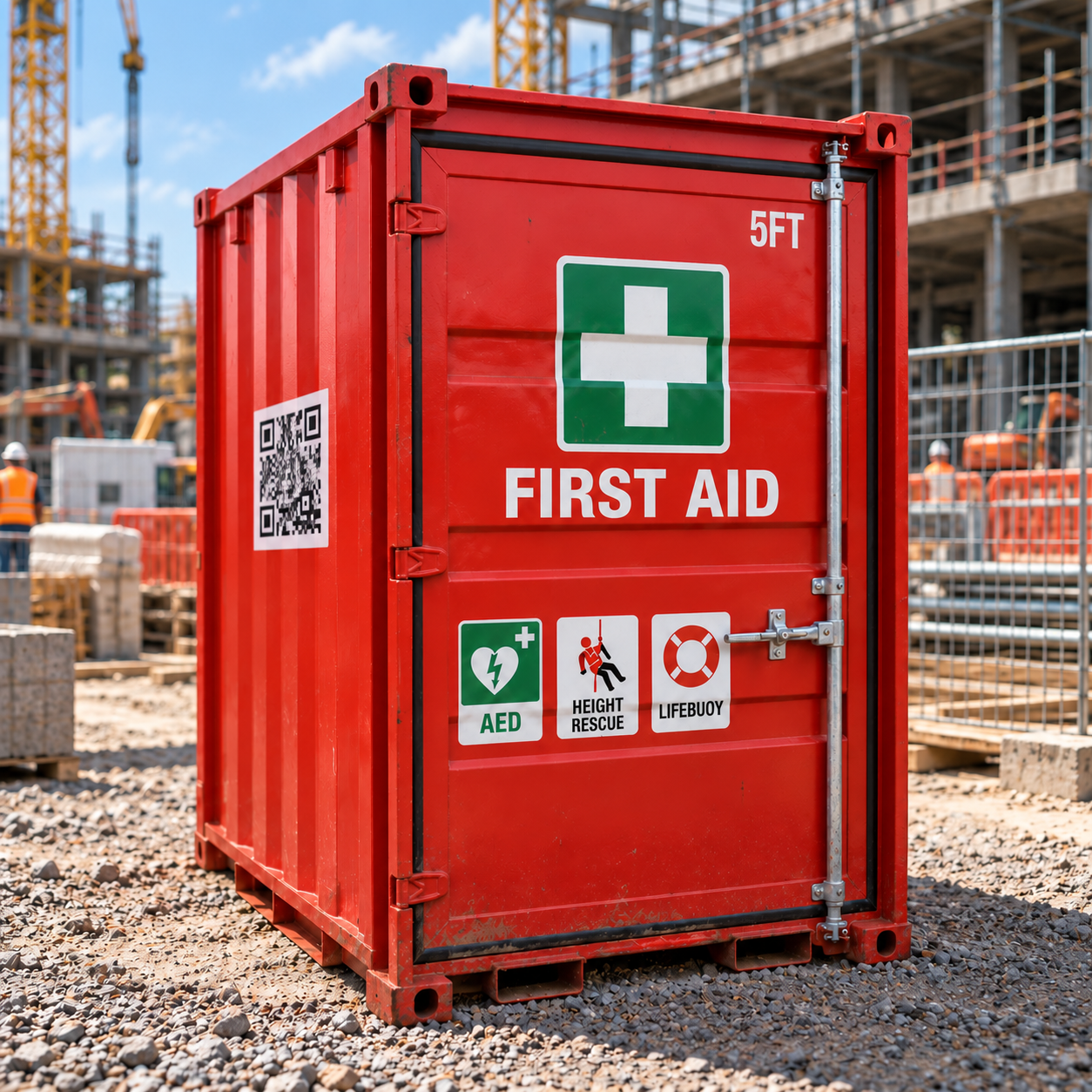 Rode BHV-container met QR-code op de zijkant op een bouwlocatie