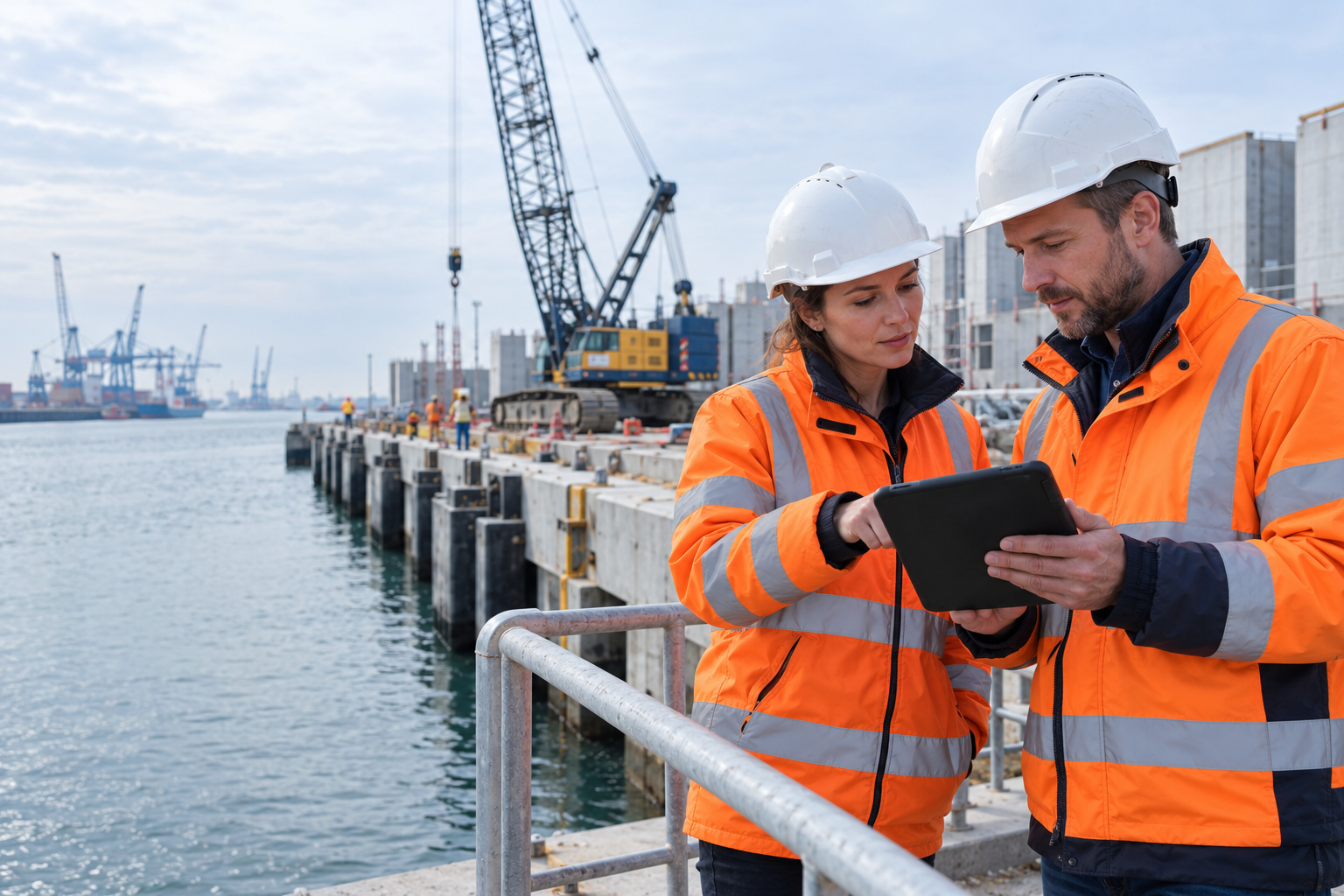 Twee projectmedewerkers bekijken samen een tablet op een havenlocatie